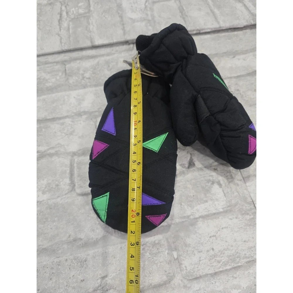 Girls Thinsulate 80s Neon Geometric Snow Mittens Black Waterproof NOS New